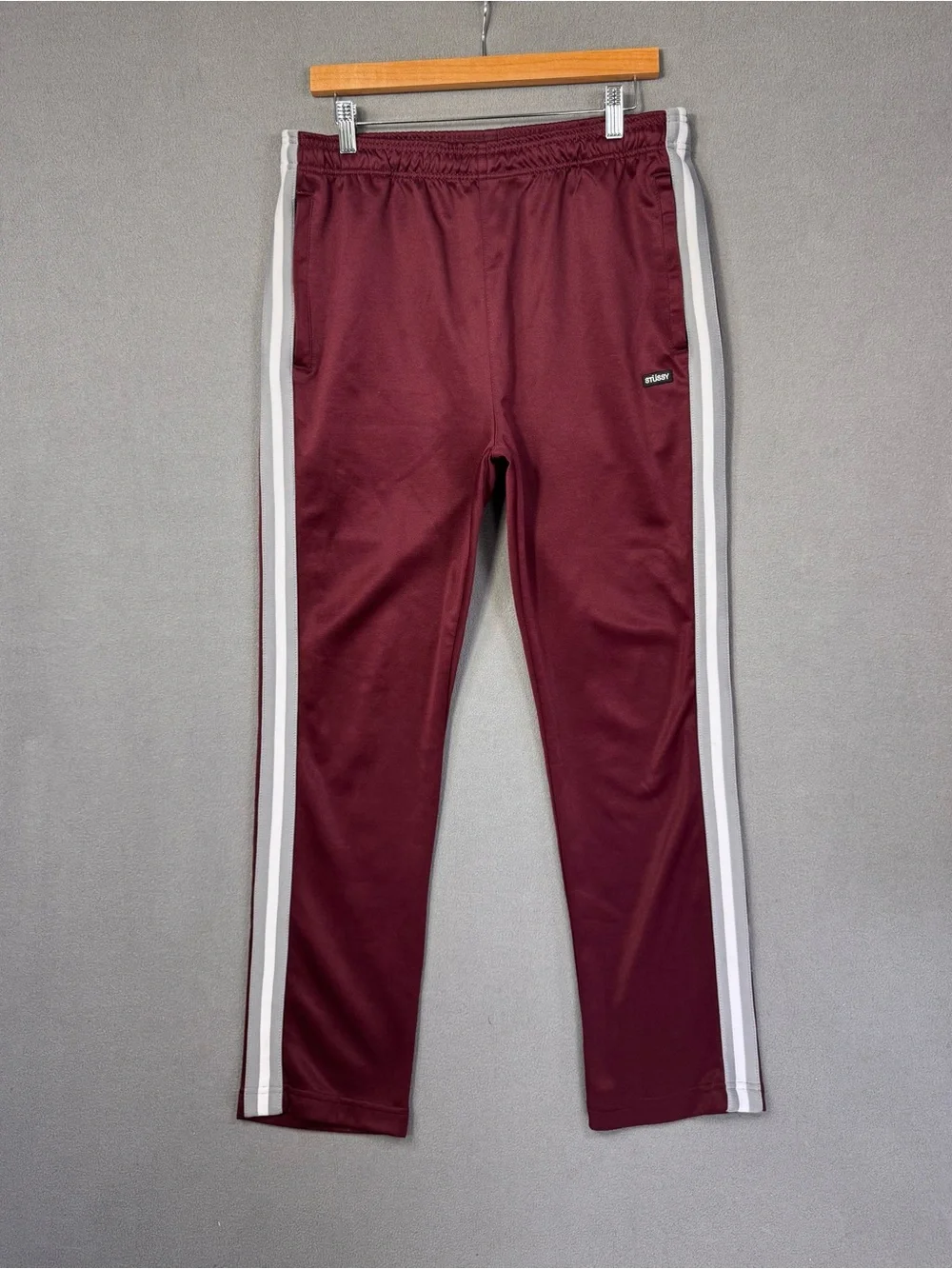 Stussy Men's Burgundy Maroon Poly Track Pants w/Side Grey + White Stripes, M